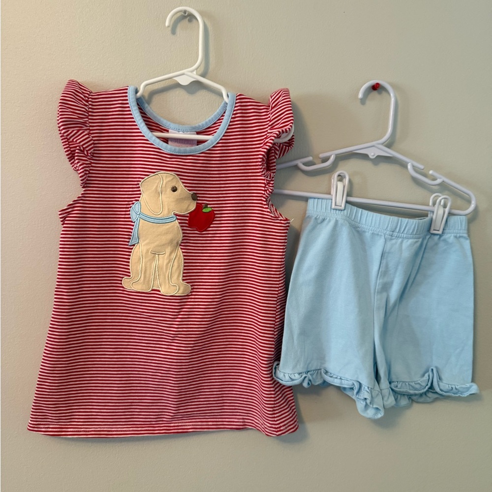 Stitchy Fish Red Striped Dog Holding Apple Outfit